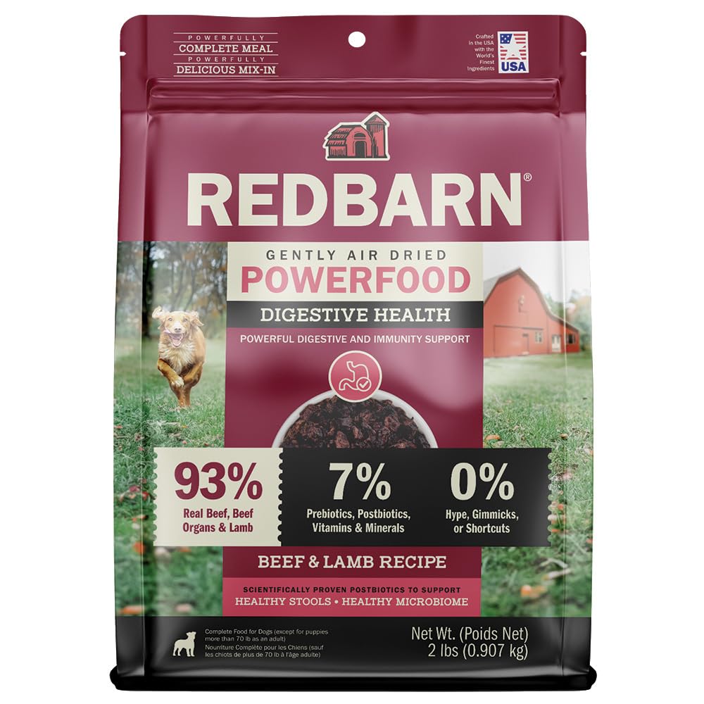 Redbarn Powerfood air-dried dog food serving bowl shows protein-packed meal