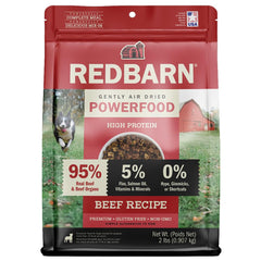 Redbarn Powerfood 2lb bag package shows premium beef ingredients for active dogs.