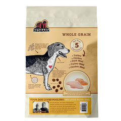 Redbarn Whole Grain Sky Recipe kibble closeup highlights hearty texture for digestion.