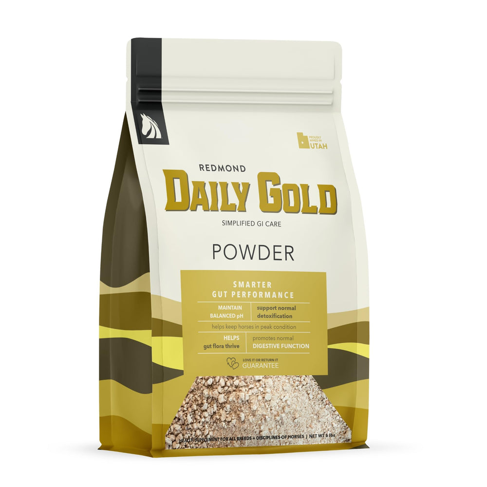 Redmond Daily Gold bottle front view showing a natural digestive support for horses