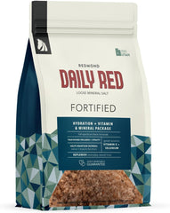 Redmond Daily Red bottle showing fortified mineral mix for daily horse nutrition