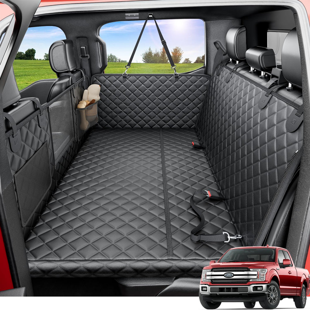 REEVAA XL dog hammock seat cover protects backseat while large dogs stretch out.