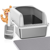 Refrze stainless-steel litter box lid closeup shows anti-leak latch for spill-free setup.