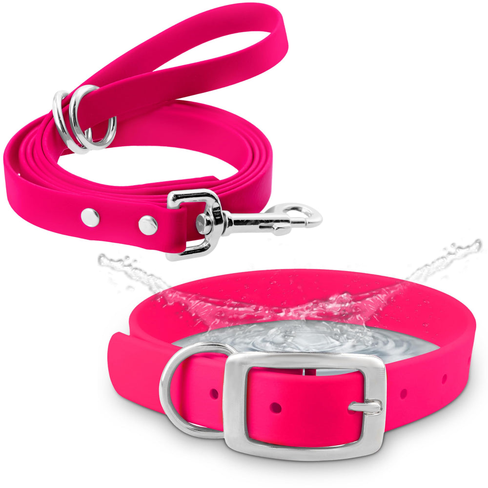 Regal Dog Products small pink waterproof collar and leash set main view for durable daily wear.