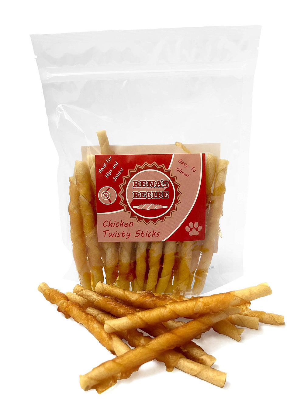 Rena's Recipe Chicken Twisty Sticks 8oz bag front, convenient savory treat for dogs.