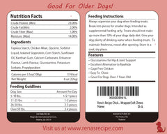 Rena's Recipe rawhide-free label highlights a safer chew option for dogs.