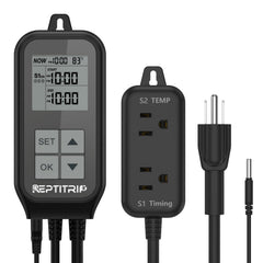 REPTITRIP reptile thermostat front view with dual sockets for automated day-night control.