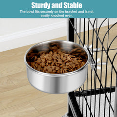 Reshiho cage-mount bracket keeps bowl secure and reduces spills.