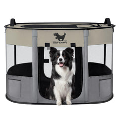 Rest-Eazzzy dog playpen setup demonstrates quick assembly for travel and backyard use.