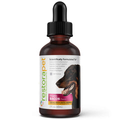 RestoraPet bacon liquid multivitamin bottle for easy daily supplementation and joint support.