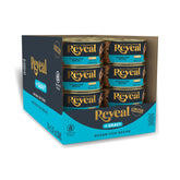 Reveal natural wet cat food cans show grain-free formula for clean, tasty meals.