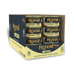 Reveal natural wet cat food chicken-cheese in broth cans: protein-rich meal for felines.