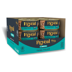 Reveal tuna-fillet-in-broth-can-packaging highlights natural ingredients for confident feeding.