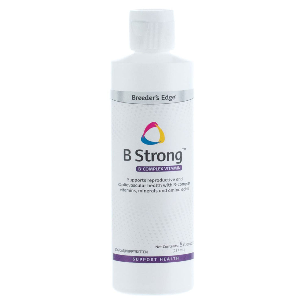 Revival Animal Health Breeder's Edge B Strong bottle pour shows easy dosing for energy support.
