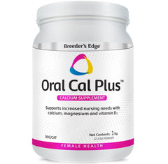 Revival Animal Health Breeder's Edge Oral Cal Plus powder bottle closeup showing calcium support for nursing pets.
