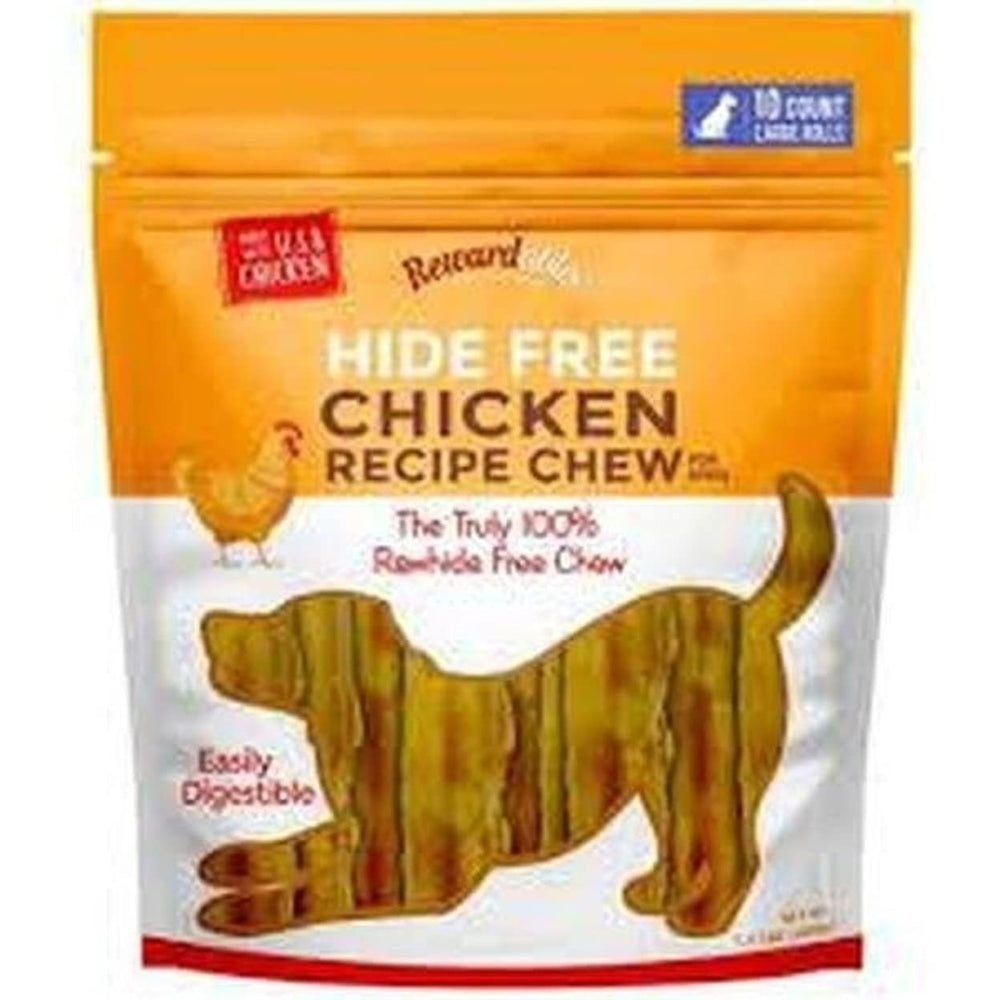 Rewardables Hide Free Chicken Chews dog treat; pack shot with real chicken flavor and long-lasting chew