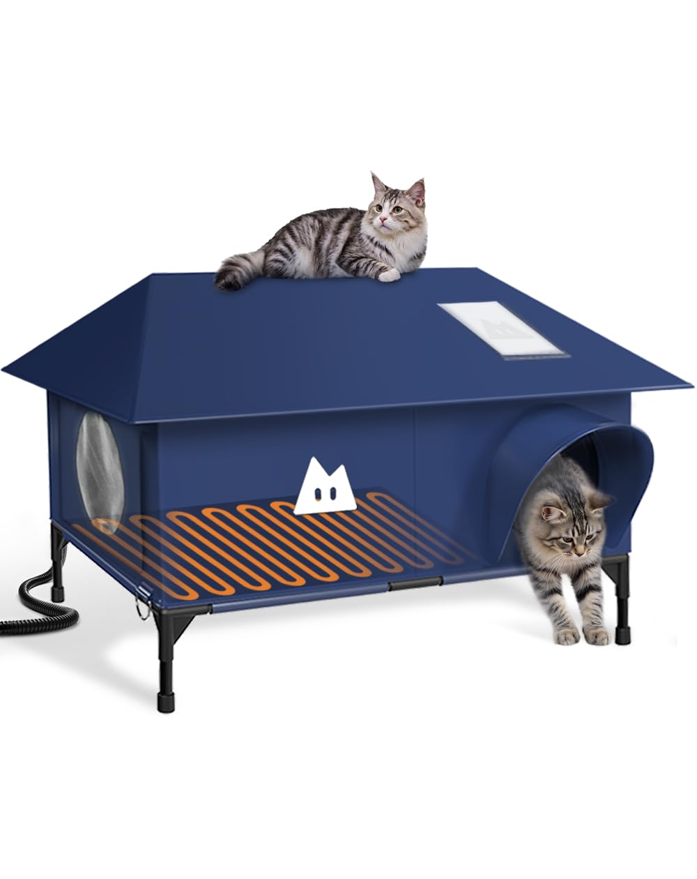 Rewarmle heated outdoor cat house front view highlights weatherproof blue exterior for winter shelter.