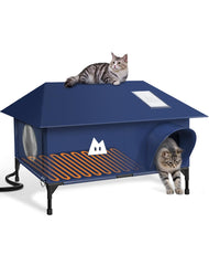 Rewarmle heated outdoor cat house front view highlights weatherproof blue exterior for winter shelter.