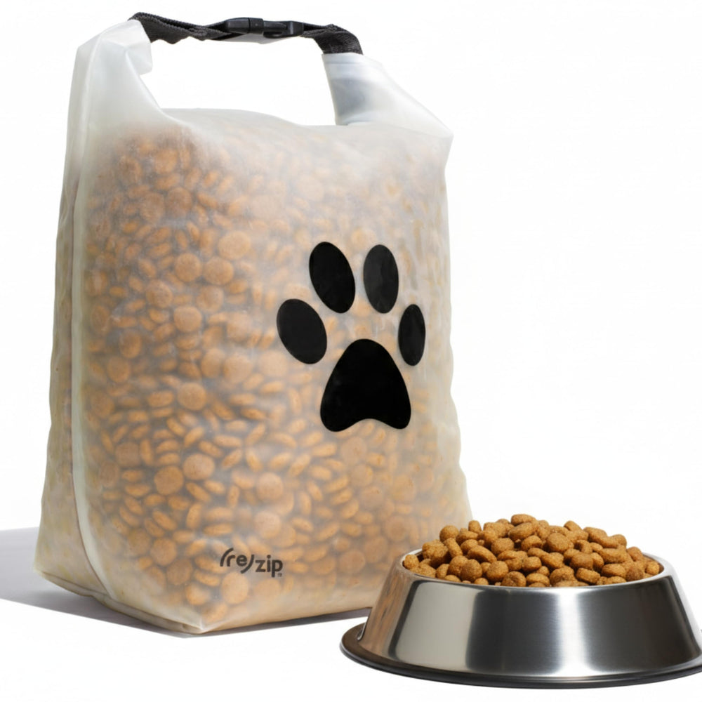 rezip large roll-top pet dry food storage bag with airtight closure for fresh kibble.