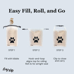 rezip large roll-top pet dry food storage bag machine-washable for easy cleanup after trips.