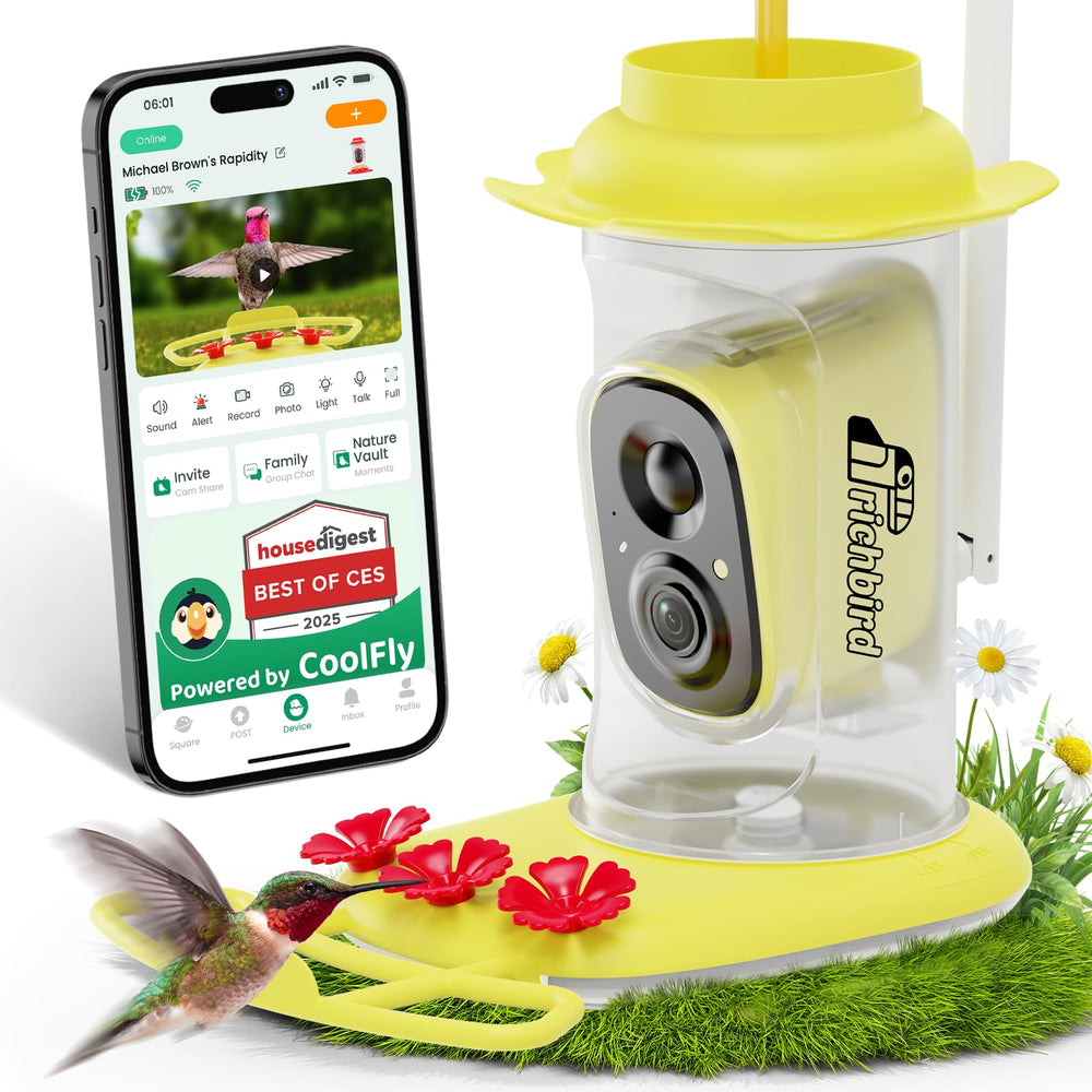 RichBird Smart Hummingbird Feeder Camera capturing visiting birds for AI analysis