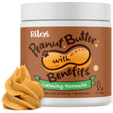 Riley's calming peanut butter jar showing a five-ingredient blend for stress-friendly dog treats.