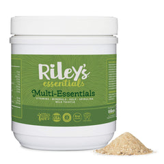 Riley's Multi-Essentials dog powder in tin supports daily nutrition.