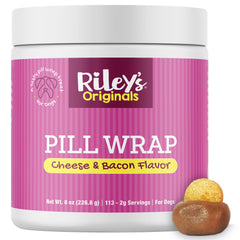 Riley's Pill Wrap cheese-bacon-treat closeup shows savory flavor masking pills for easier meds.