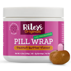 Riley's Pill Wrap peanut butter paste in jar disguises pills for easier medication time.