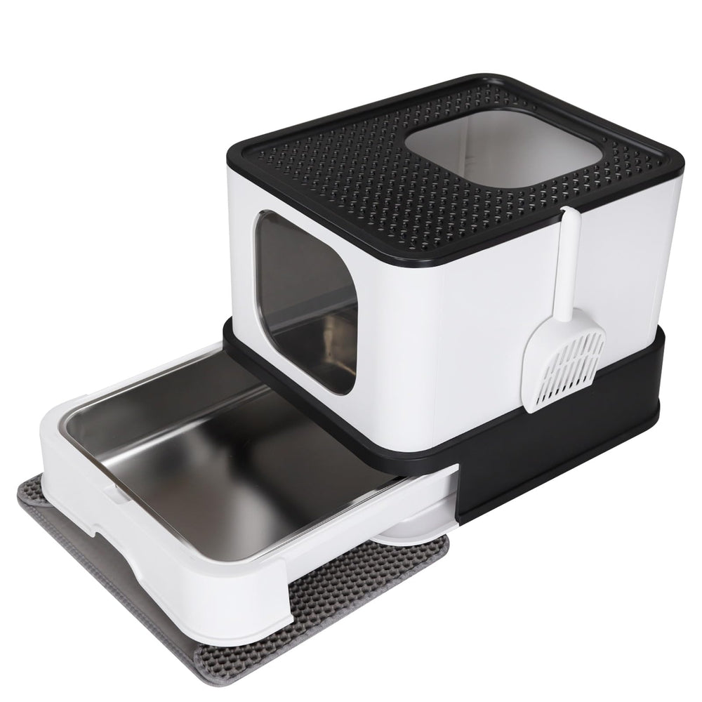 RIZZARI stainless-steel cat box cover view illustrating private sanctuary and odor control.