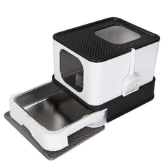 RIZZARI stainless-steel cat box cover view illustrating private sanctuary and odor control.