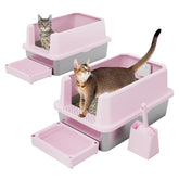 RIZZARI stainless steel litter box pink open-top highlights spacious interior for comfortable cat use.