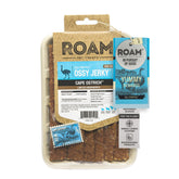 ROAM Ossy Jerky Ostrich Treats pack highlighting single-source protein for dogs.