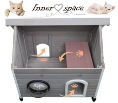 Rockever outdoor cat house escape-door detail emphasizes safety during emergencies.