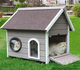 Rockever outdoor cat house front view shows weatherproof construction for two cats.