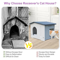 Rockever outdoor cat house with PVC curtain escape door blocks drafts.