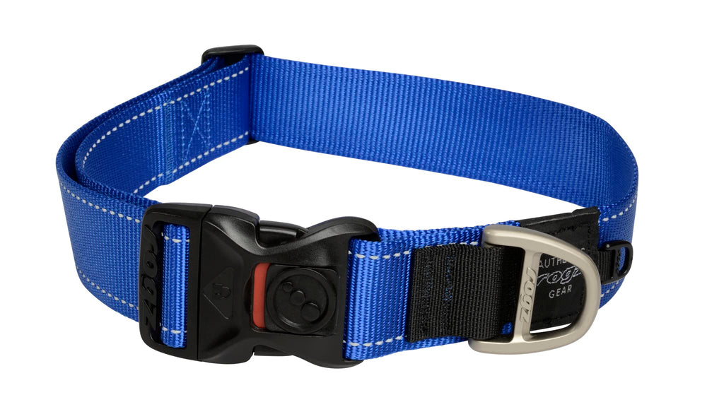 Rogz Reflective Landing Strip Collar blue full view for nighttime safety on walks