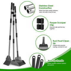 ROIUBPO Pooper Scooper adjustable-handle setup with tray-rake-spade for convenient reach.