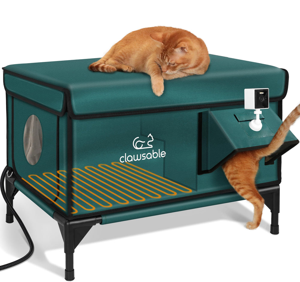 rolimate indestructible heated cat house with camera, forest green, weatherproof and monitor-ready