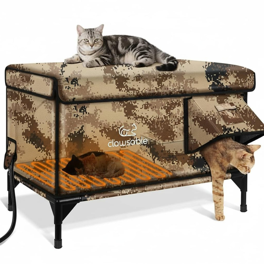 Rolimate indestructible x-large outdoor cat house exterior desert camouflage highlighting weatherproof design.