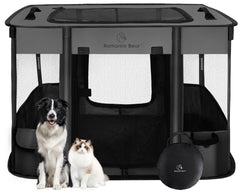 ROMANTIC BEAR dog playpen folded-compact for portable storage and travel.
