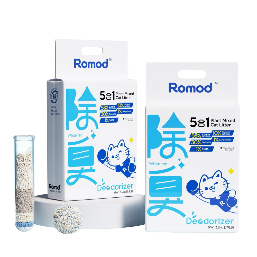 Romod 2Bags 5-in-1 tofu cat litter packaging highlighting eco-friendly materials.