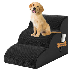 ROMROL dog stairs 3-step 15-inch black front view helps pets reach beds safely