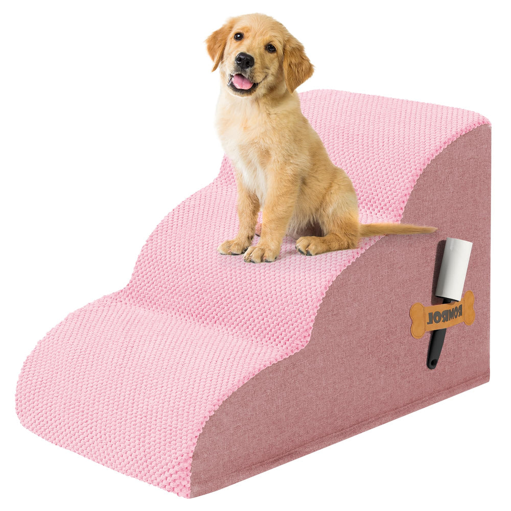 ROMROL dog stairs 3-step pink front view aids safe bed access for small dogs