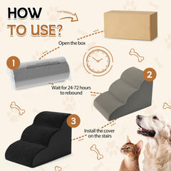 ROMROL dog stairs 3-step front view highlights sturdy foam core and non-slip cover