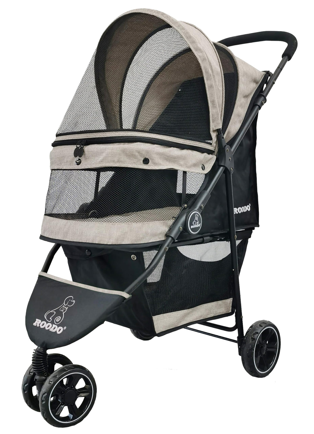 ROODO 3-wheel stroller front view in light khaki for easy park strolls.