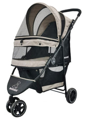 ROODO 3-wheel stroller front view in light khaki for easy park strolls.
