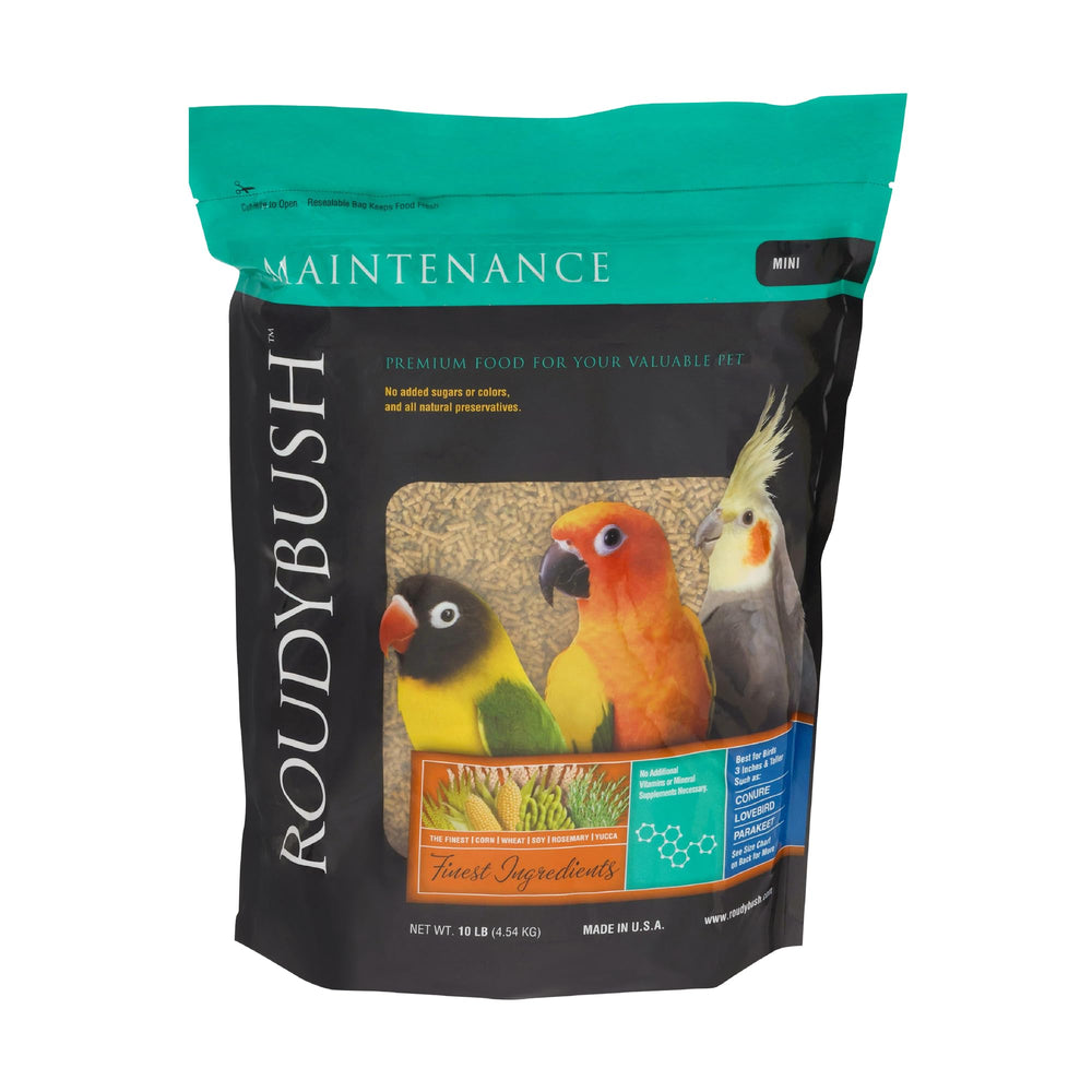 Roudybush Daily Maintenance mini-bag pellets offer balanced nutrition for small birds.