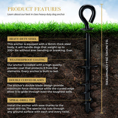 ROYAL PAW dog tie out stake spiral-tip close-up highlights easy penetration through various soils.