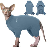 ROZKITCH hairless cat jumpsuit blue M front view highlights skin-friendly, breathable fabric for Sphynx cats.
